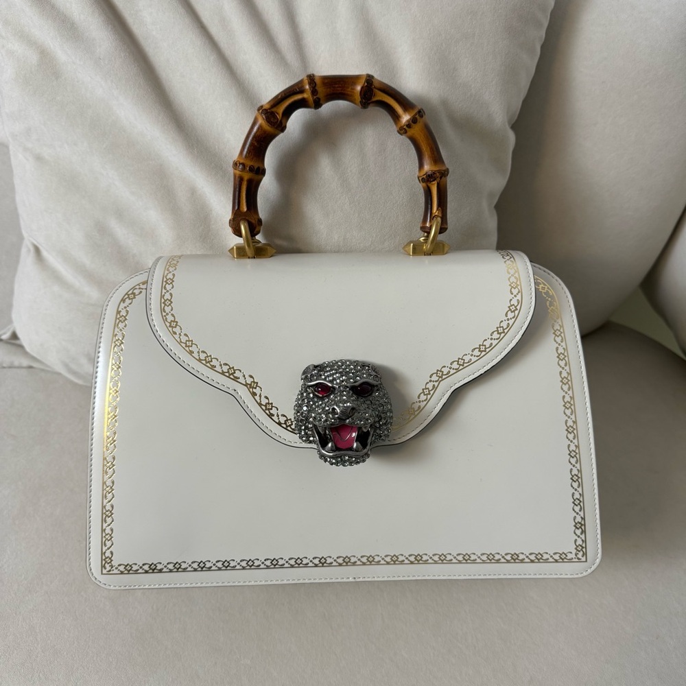 Gucci Fall 2018 Crystal Panther White Medium Thiara Bamboo Top Handle Bag